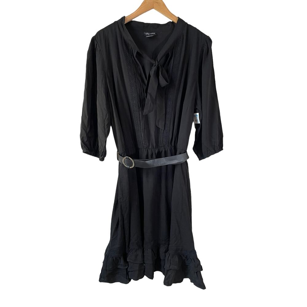 CITY CHIC New Plus Size Womens Precious Tie Tunic Mini Dress Black M 18 Boho LBD